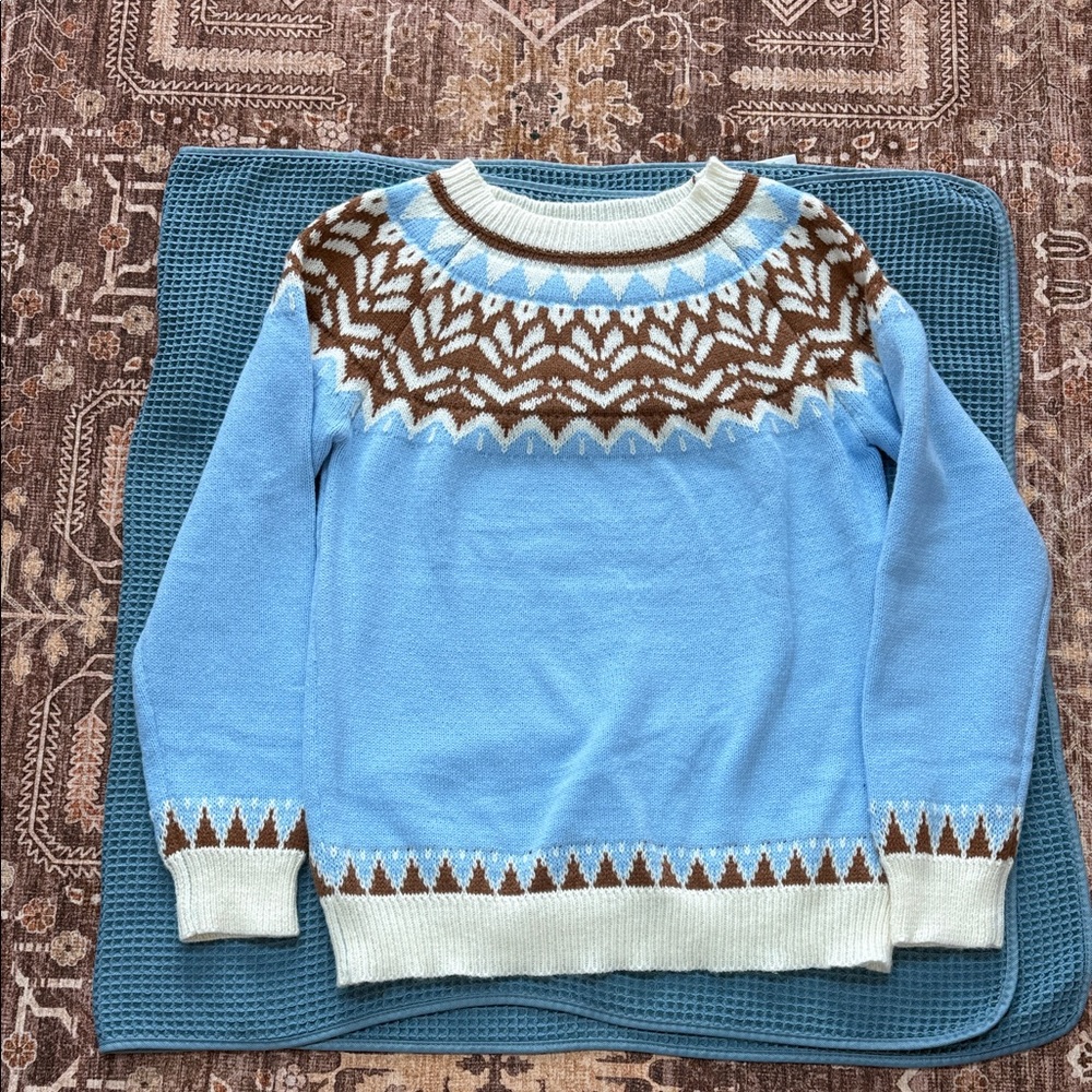 Light Blue Fair Isle Crewneck Sweater with Brown & Cream Accents